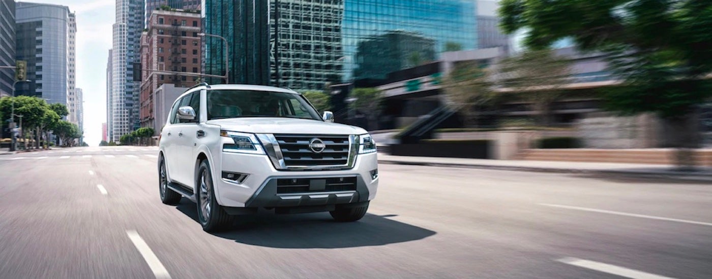 A white 2022 Nissan Armada is shown from the front at an angle.