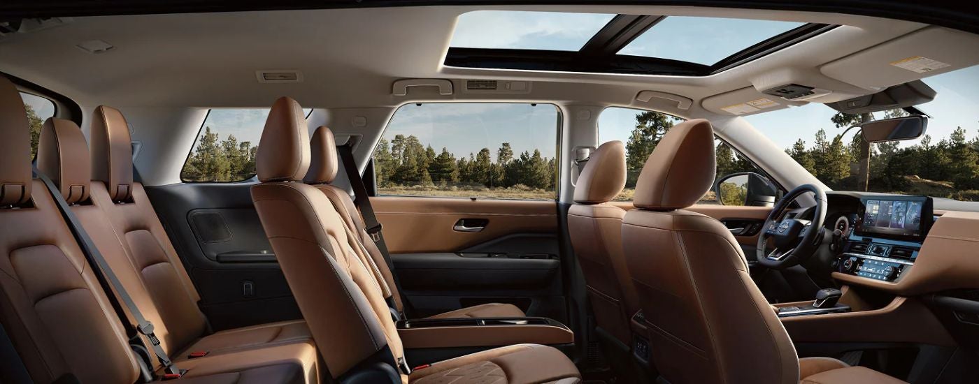Brown interior of a 2026 Nissan Pathfinder Platinum.